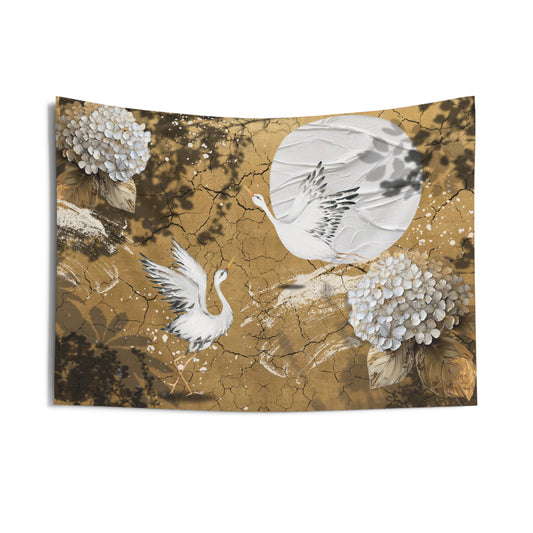 Heron bird gold & black wall tapestry indoor